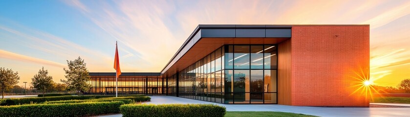 Modern architecture illuminated at sunset, showcasing clean lines and vibrant colors.