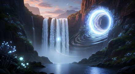 Enchanting Waterfall Landscape with a Mystical Portal and Glowing Lights.