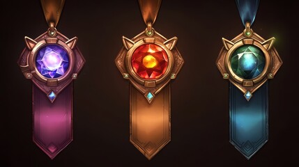Fototapeta premium 77.A highly detailed 3D vector illustration of ranking medals, each featuring a polished gemstone centerpiece, dynamic lighting effects, and elegant fantasy-style elements, ideal for game rewards.
