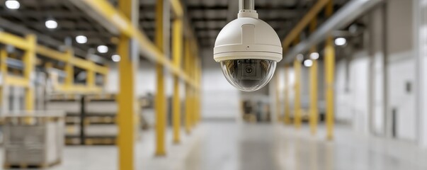 Security camera monitoring a modern industrial facility for safety and surveillance.