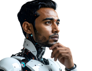 Person with robotic body parts looks to the right, contemplative expression, neutral background, bright