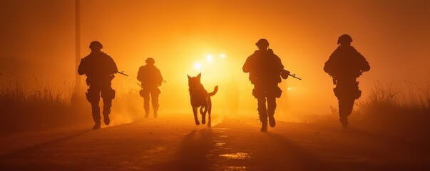 Silhouetted soldiers and a dog walking into a misty sunset, evoking courage and loyalty.