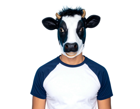 Person wears a cow mask and dark blue/white shirt against a black background, facing forward in a portrait view