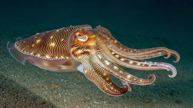 A magnificent cuttlefish gracefully glides through the deep ocean waters