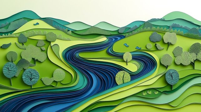 57.A stylized nature landscape in paper cut technique, showing a deep blue river meandering through rolling green hills and dense woodland, with tiny cutout trees and birds enhancing the scenic