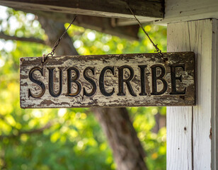 Encourage subscriptions with this rustic wooden sign, perfect for adding charm to your blog or social media marketing campaign, ideal for growth strategies