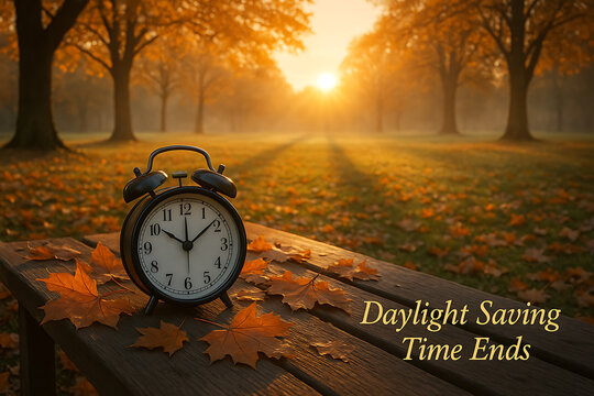Vintage alarm clock on wooden bench with autumn leaves at sunrise symbolizing daylight saving time end and seasonal change