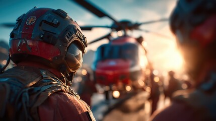 Obraz premium A rescue team prepares for a mission near a helicopter, showcasing a dramatic sunset in the background.