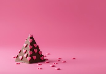 Delicious chocolate pyramid dessert decorated with small pink sugar hearts sitting on a vibrant pink background for a sweet occasion ,pink heart ,pyramid ,structure