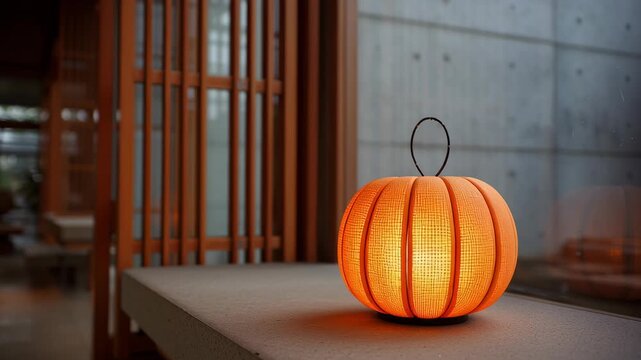 Japanese style jack o lantern, close-up pumpkin lantern with Japanese minimalist architecture background, warm glowing light, clean lines, modern zen style