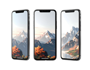 Three phone mockups show a scenic mountain range with autumn foliage reflecting in a clear lake on the phone screen