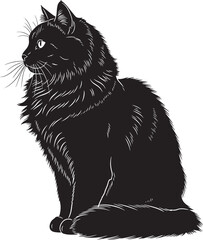 Elegant black cat silhouette sitting profile view with detailed fur texture and whiskers looking sideways