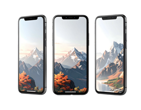 Three phone mockups show a scenic mountain range with autumn foliage reflecting in a clear lake on the phone screen