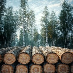 Solid Wood Furniture and Stack of Freshly Cut Trees &ndash; Deforestation Concept