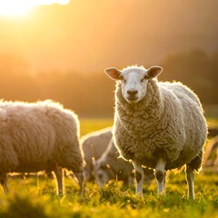 Obraz premium Sheep in a sunlit meadow, grazing peacefully with warm, golden light