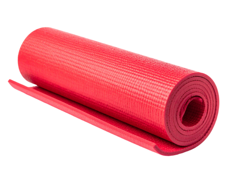 Rolled red textured exercise mat angled on black backdrop, partially unrolled with visible cylindrical layers
