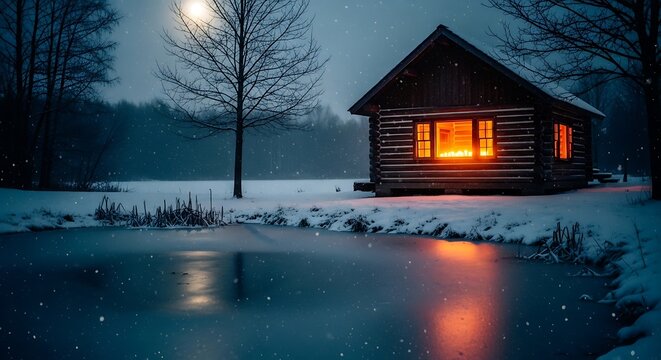 Candle burning inside frosted window of wooden cabin during snowfall. Cozy and peaceful winter moment.