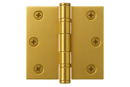 Brass door hinge with screws on transparent background