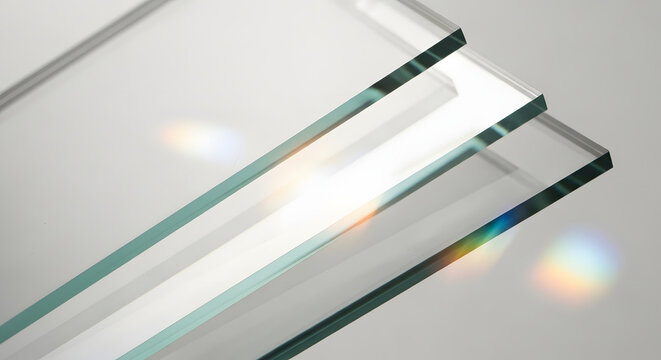 Close-up view of multiple clear glass sheets stacked, showing their smooth surfaces and beveled edges with light reflections and refractions.