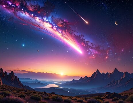 A cosmic vista featuring a colorful meteor shower over majestic mountains