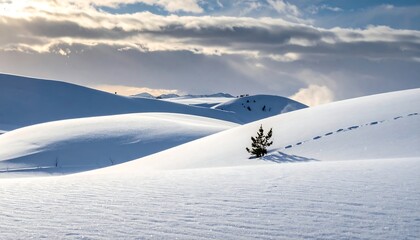 Snowy landscape features gentle hills and a lone evergreen