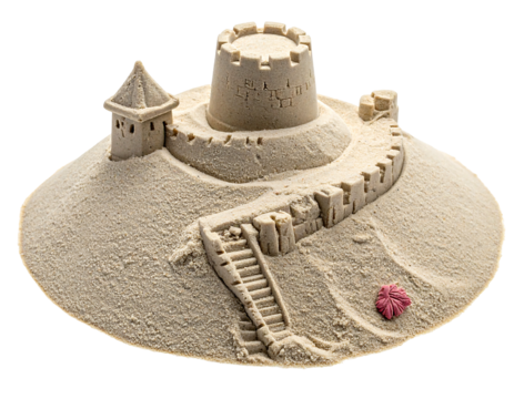 Sandcastle atop a small hill, with a tower, stairs, and crenelated walls, featuring a pink shell accent