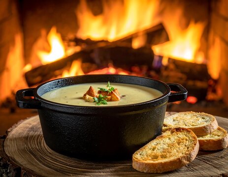 A hearty soup in a cast-iron pot with toasted bread near fireplace flames
