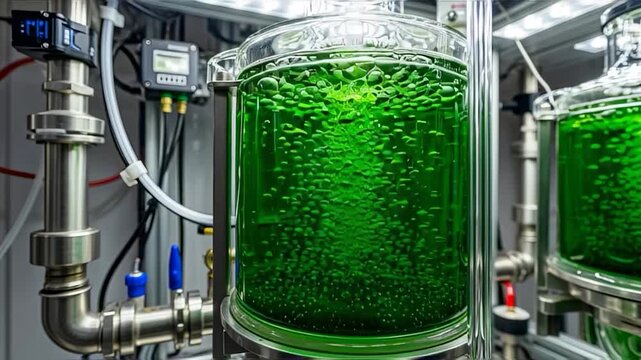 Glass bioreactor containing vibrant green, bubbling liquid culture equipment
