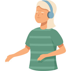 Fototapeta premium Elderly Woman with Blond Hair Listening to Music with Blue Headphones and Wearing a Green Striped T Shirt With Eyes Closed and Arms Outstretched in a Relaxed Pose