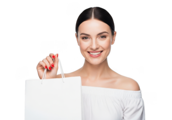 Smiling woman holding a white shopping bag isolated on transparent background