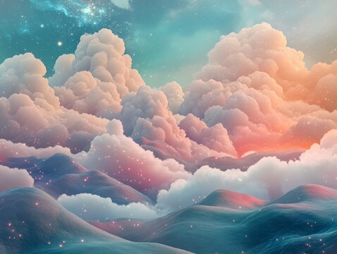 20.A stunning 3D surreal landscape featuring towering, wispy clouds floating above an otherworldly terrain, with rolling hills, glowing light sources, and a dreamlike atmosphere filled with soft,
