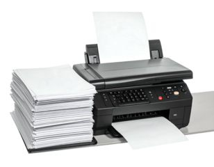 Printer with a large stack of white paper, one sheet coming out onto the gray surface