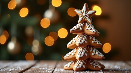 Homemade gingerbread cookies stacked in the shape of a Christmas tree with white icing, placed on a wooden table with warm bokeh lights in the background. Cozy holiday decoration and festive mood