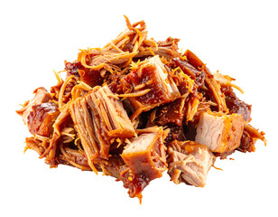 Pile of savory, seasoned pulled pork pieces, with shredded textures and rich color, on a transparent background
