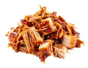 Pile of savory, seasoned pulled pork pieces, with shredded textures and rich color, on a transparent background