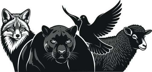 Stylized animal illustration, wolf, panther, bird, sheep, bear, symbolic unity, graphic art, black blue tones, contrast, diversity, glowing outline, artistic ym