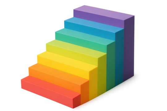Rainbow color stairs creating progress chart on transparent background