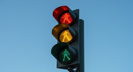 A close-up view of a standard vertical road intersection control device displaying the sequence of illuminated red, yellow, and green lenses against a clear sky ,automatic ,urban ,regulation