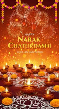 Radiant Narak Chaturdashi Celebration with Diyas and Fireworks.