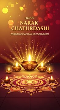 Happy Narak Chaturdashi Celebration with Diya Lamps and Rangoli Art.