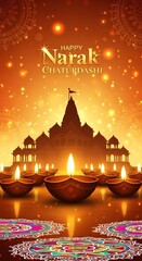 Happy Narak Chaturdashi Celebration with Temple and Lit Diyas.