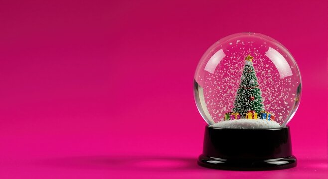 Festive Christmas snow globe with a miniature tree on a vibrant magenta background. Winter holiday souvenir with copy space