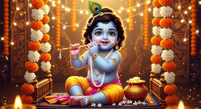 Happy Krishna Janmashtami. Little Lord Krishna three.