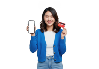 Smiling young asian woman holding a credit card and smartphone isolated on transparent background