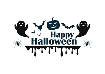Spooky happy halloween text with flying bats silhouette on a white  background for a festive celebration