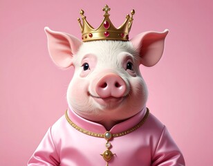 Adorable piglet wearing a crown and pink attire on pink backdrop
