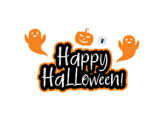 Spooky and fun happy halloween text with playful ghosts and a jack o lantern on white background