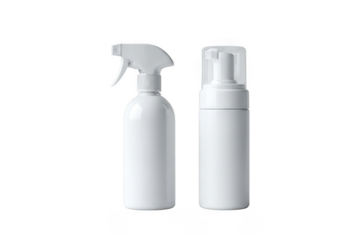 Two white plastic bottles one with a spray nozzle and one with a pump isolated on transparent background