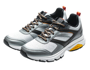 Pair athletic sneakers white mesh, gray panels, black accents, orange laces, white sole, dynamic composition