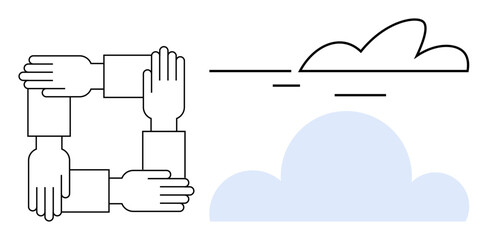 Four hands joined to form a square beside minimal cloud graphics. Ideal for teamwork, collaboration, cloud computing, support, unity, partnership, communication, and simple flat metaphor